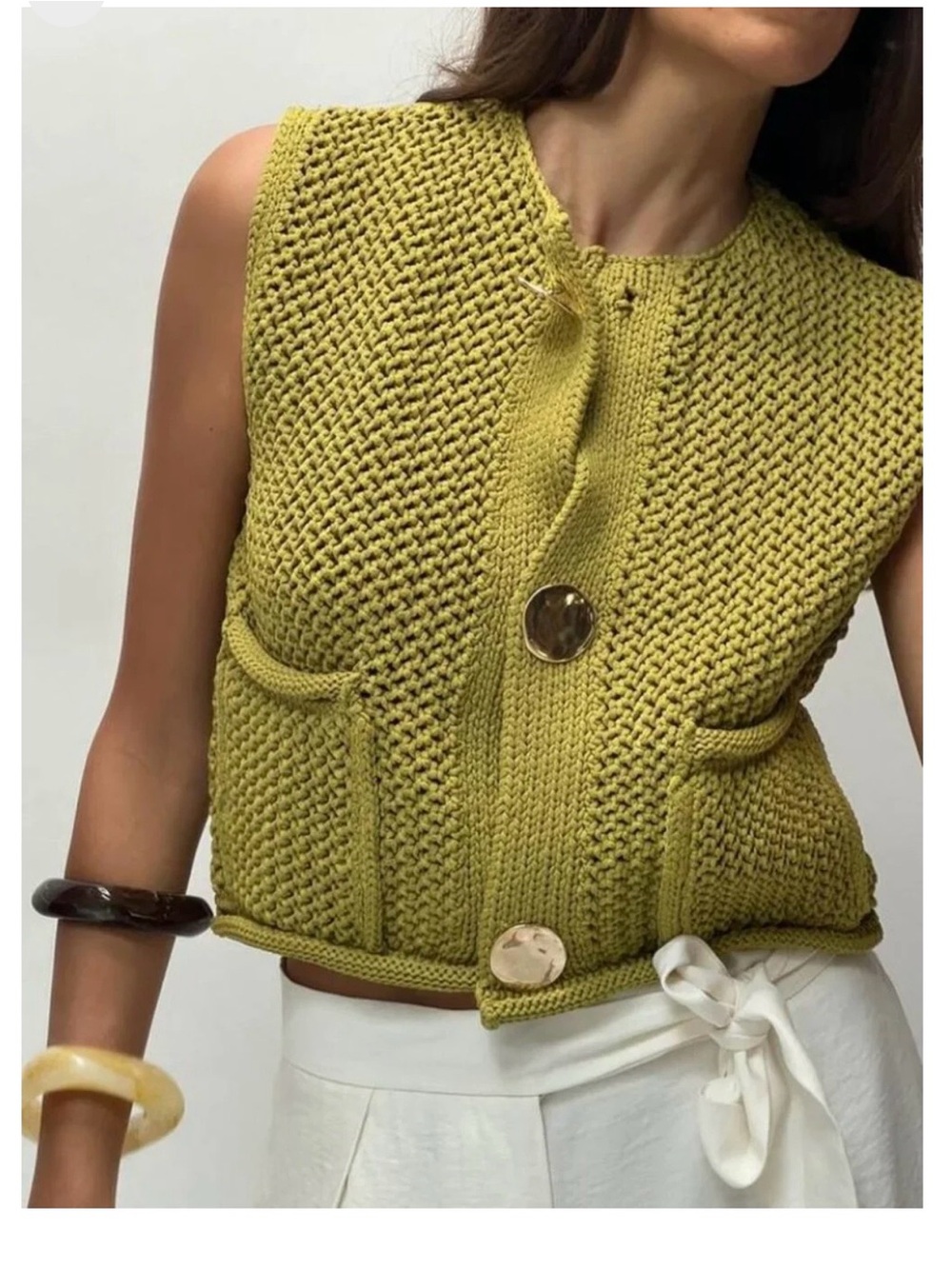 Zara Olive Green Knitted Vest with Gold Statement Buttons